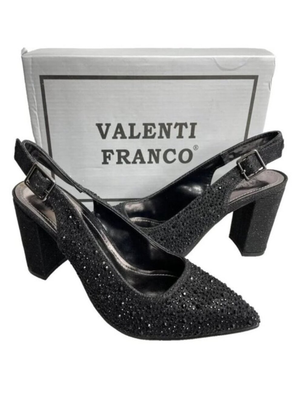 Valenti Franco Black Glitter Beaded Slingback High Heel Shoes Women's 7.5 NEW